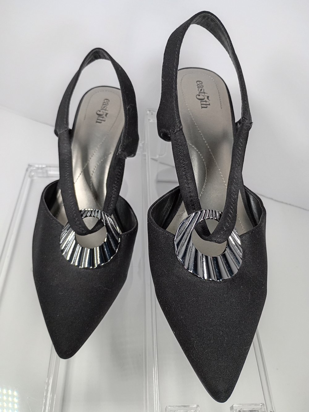 East 5th Black Pointed Slingback Heels with Silver Accent